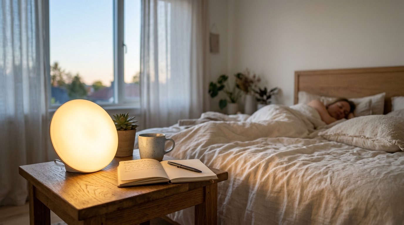 Sanftes warmes Licht einer Wake-up-Lampe auf einem Nachttisch im fruehen Morgen