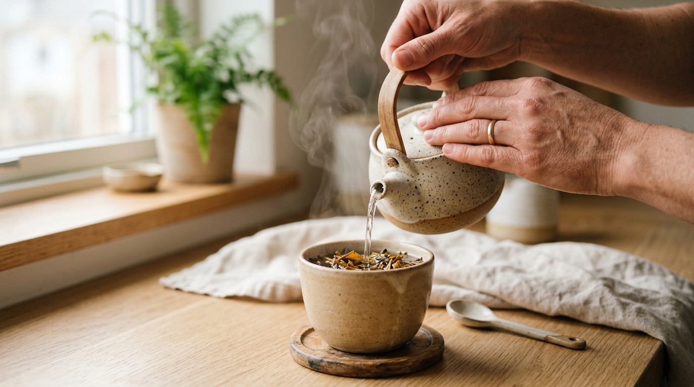 Eine Hand giesst heisses Wasser ueber Teeblaetter in eine Keramiktasse am fruehen Morgen