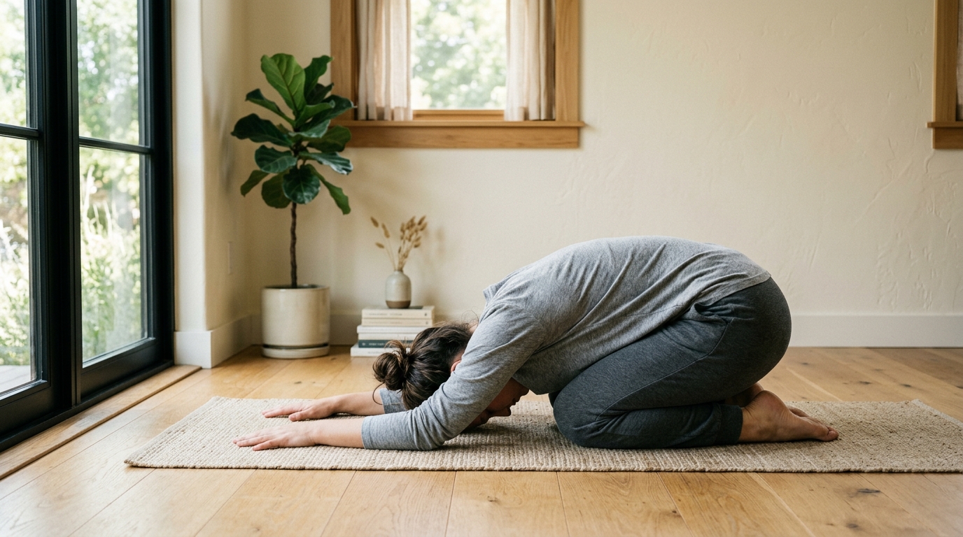 Eine Person in bequemer Kleidung dehnt sich morgens auf einer Yogamatte am Fenster